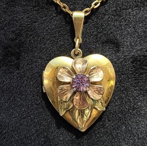 Antique Gold Heart Locket With Purple Glass Gem